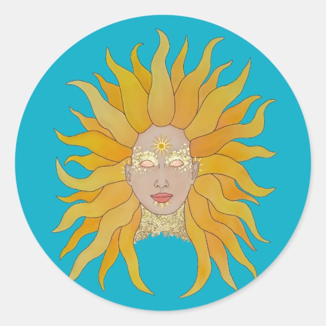 Sticker Rond Boho turquoise jaune soleil inspiré (Devant)