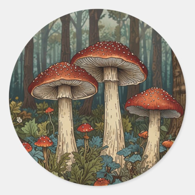 Sticker Rond Boho vintage champignons forêt (Devant)