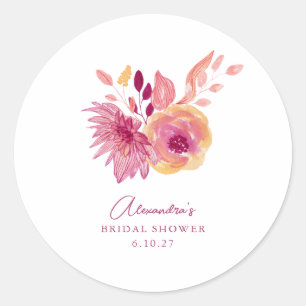Sticker Rond Boho Watercolor Magenta Red Flowers Fête des marié
