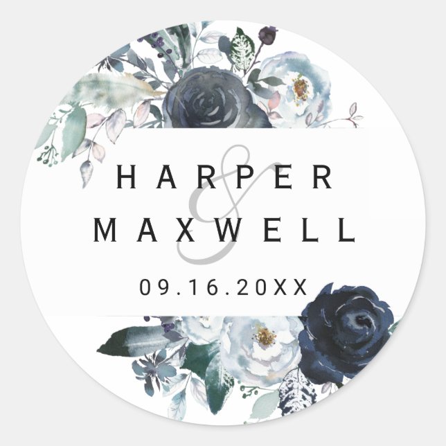 Sticker Rond Boho White Navy Peony Mariage aquarelle (Devant)
