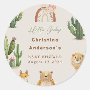Sticker Rond Boho Woodland Bear Lion Fox Cactus Baby shower