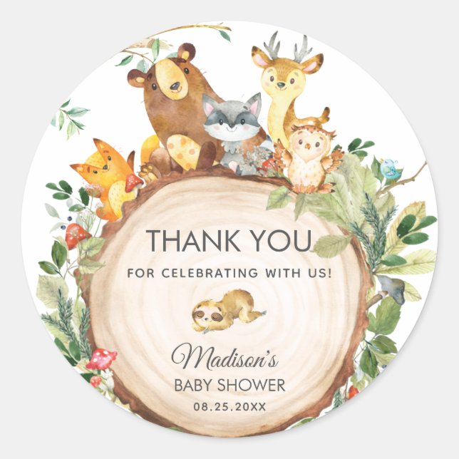 Sticker Rond Bois Animaux Baby shower 1er anniversaire Favorise (Devant)
