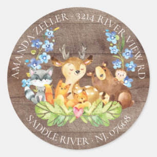 Sticker Rond Bois Animaux Baby shower Adresse de retour Étiquet