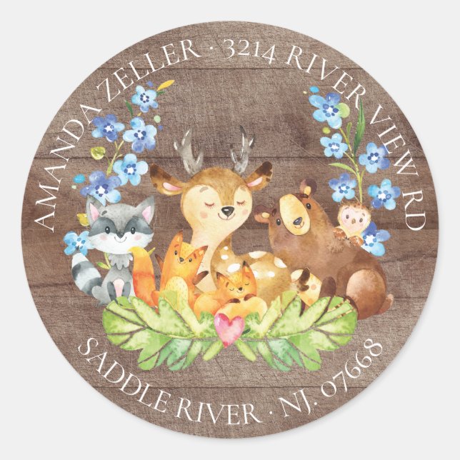 Sticker Rond Bois Animaux Baby shower Adresse de retour Étiquet (Devant)