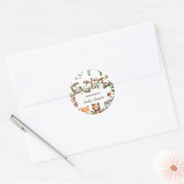 Sticker Rond Bois Animaux Botanique Baby Girl Douche (Enveloppe)