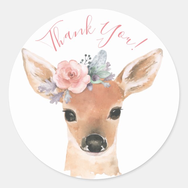 Sticker Rond Bois Animaux Cerfs Aquarelle Typographie Nom (Devant)