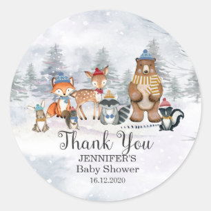 Sticker Rond Bois Animaux d'hiver Baby shower 1er anniversaire