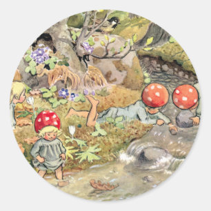 Sticker Rond Bois Animaux et enfants Elsa Beskow