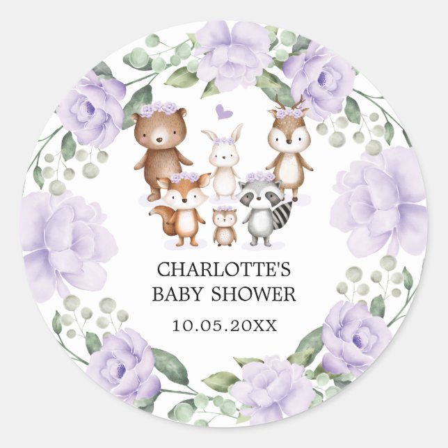 Sticker Rond Bois Animaux Fleurs violettes Wreath Baby Girl