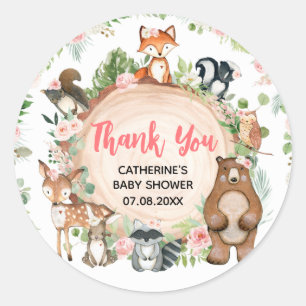 Sticker Rond Bois Animaux Floral Baby shower en tranches de boi