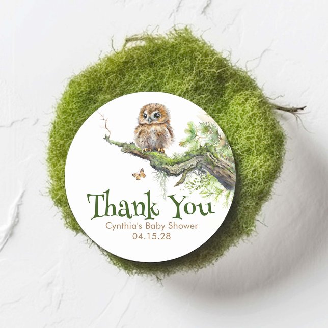 Sticker Rond Bois Animaux Petite Chouette Mossy Merci sauvage (Little Owl Woodland Themed Thank You Stickers)
