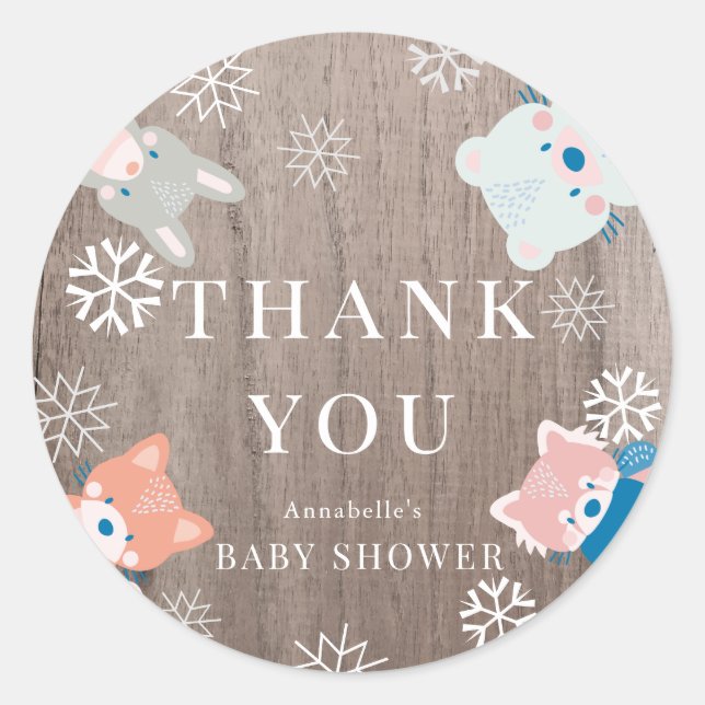 Sticker Rond Bois Animaux Snowflakes Baby shower en bois (Devant)