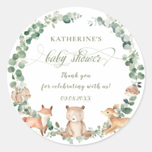 Sticker Rond Bois Animaux Végétation Baby shower neutre