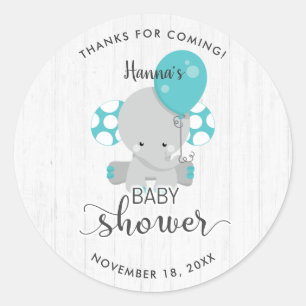 Sticker Rond Bois blanc et Merci de Baby shower éléphant Turquo