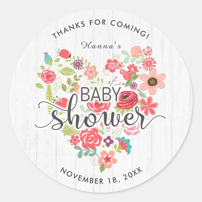Sticker Rond Bois blanc Floral Heart Girl Baby shower Merci (Devant)
