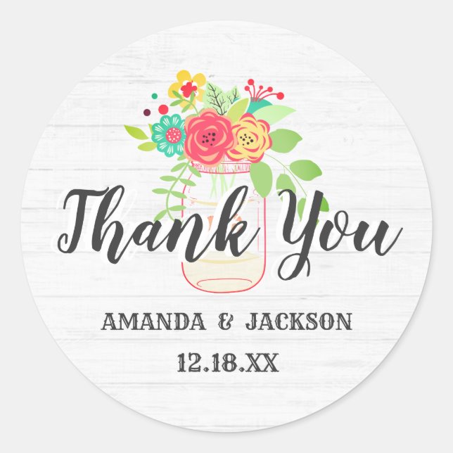 Sticker Rond Bois blanc rustique et Merci Mariage Mason (Devant)
