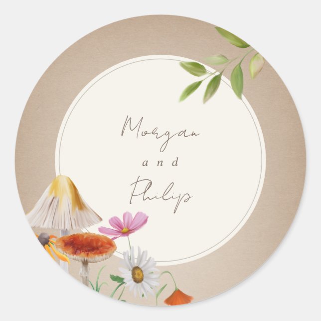 Sticker Rond Bois Bois Champignons Floral Mariage Carstock (Devant)