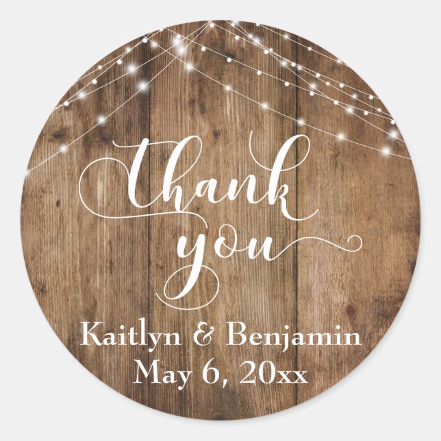 Sticker Rond Bois Brown rustique & Chaînes lumineuses blanches, (Devant)