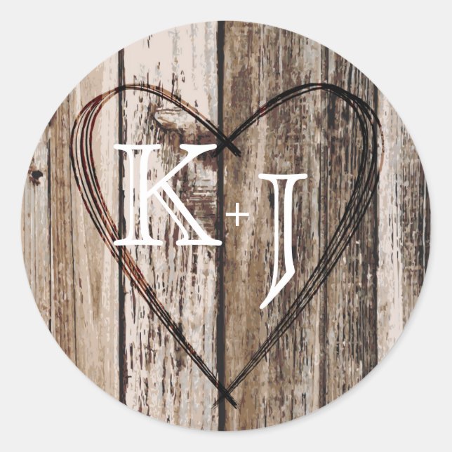 Sticker Rond Bois Coeur Etching Rustic Monogram Mariage Étiquet (Devant)