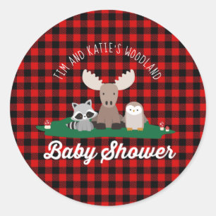 Sticker Rond Bois de bûcheron Baby shower Animaux Red Plaid