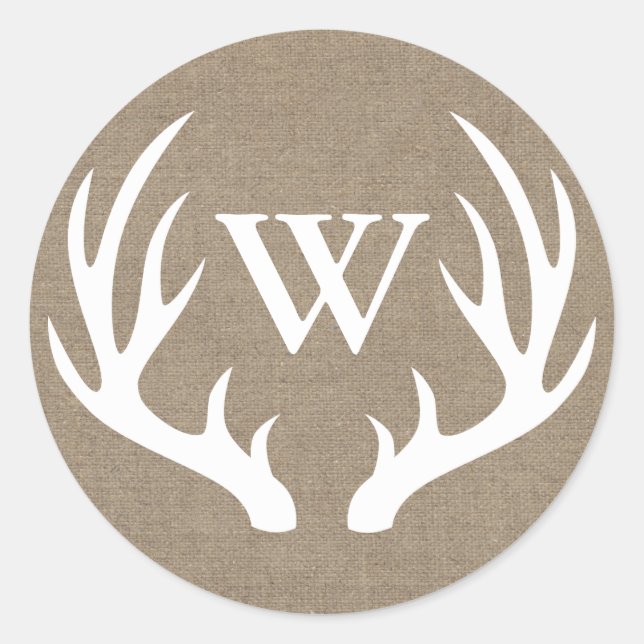 Sticker Rond Bois de cerf blanc rustique Burlap Lettre initiale (Devant)