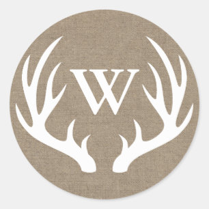 Sticker Rond Bois de cerf blanc rustique Burlap Lettre initiale