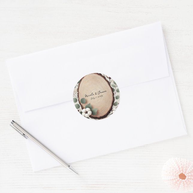 Sticker Rond Bois de forêt Eucalyptus & Coton Mariage rustique (Enveloppe)