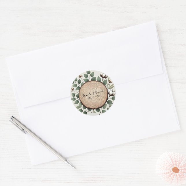 Sticker Rond Bois de forêt Eucalyptus et Coton Mariage rustique (Enveloppe)