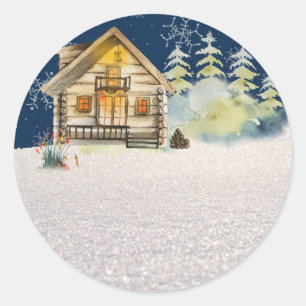 Sticker Rond Bois de Noël rustique Cabine Forêt Arbres de neige