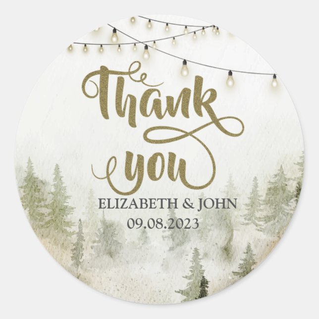 Sticker Rond Bois, Forêt, Pins Arbres, Feux à cordes Merci (Devant)