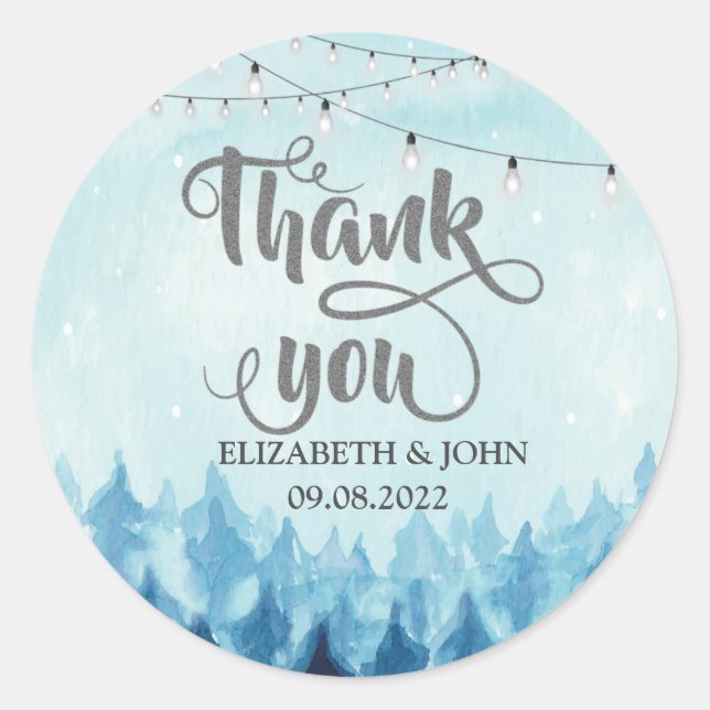 Sticker Rond Bois, Forêt, Pins Bleus Merci Mariage (Devant)