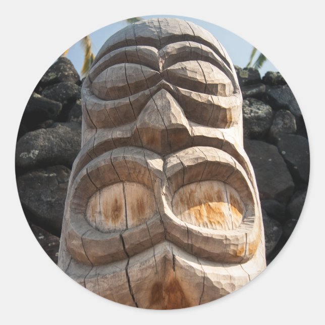 Sticker Rond Bois hawaïen Tiki Ki'i Grosse île Carturage autoch (Devant)