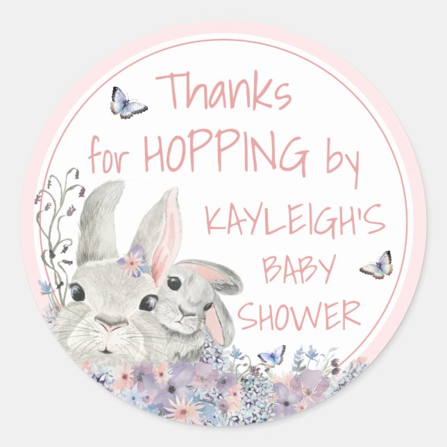 Sticker Rond Bois lapins Floral Baby shower rose Merci (Devant)