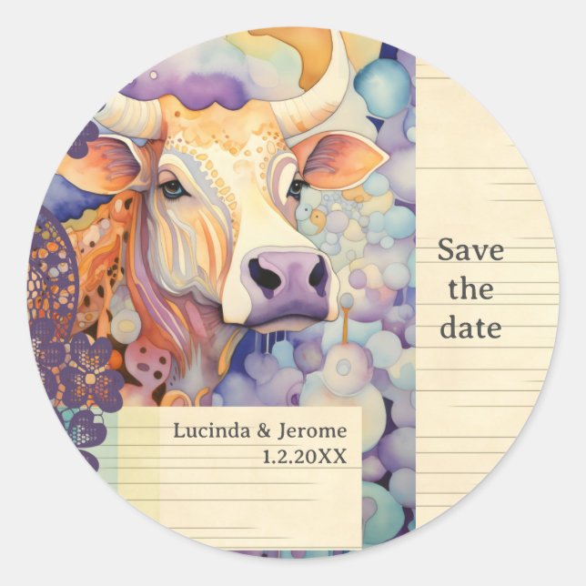 Sticker Rond Bois Mariage de ferme Vache Enregistrer la date (Devant)