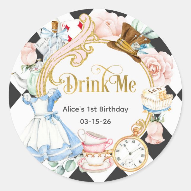 Sticker Rond Bois-moi, Alice Onderland, anniversaire (Devant)