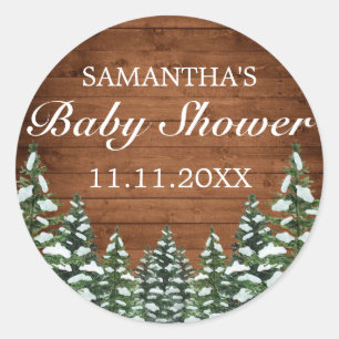 Sticker Rond Bois neigeux et forêt Baby shower à pin