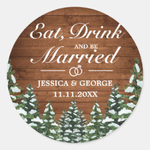 Sticker Rond Bois neigeux et pin de forêt Manger Boire Mariage 