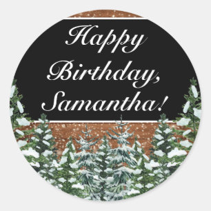 Sticker Rond Bois neigeux noir et pin forestier Joyeux annivers