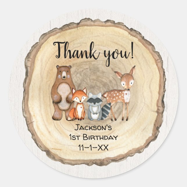 Sticker Rond Bois rustique animaux forêt amis anniversaire (Devant)