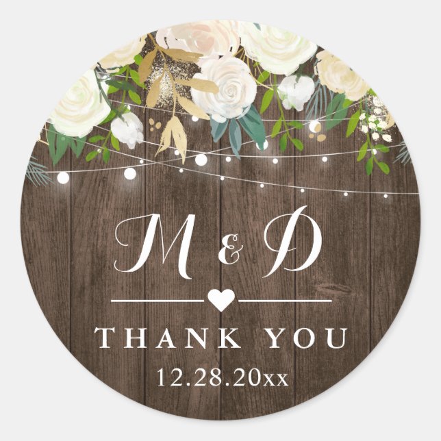 Sticker Rond Bois rustique Blanc Floral Monogramme Mariage Fave (Devant)