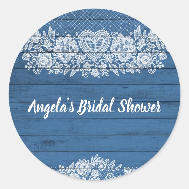 Sticker Rond Bois Rustique Bleu Dentelle Fermette Grange Chic (Devant)