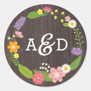 Sticker Rond Bois rustique Bohème Floral Mariage Wreath