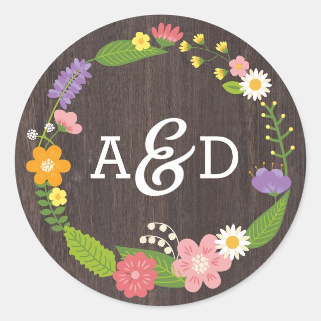 Sticker Rond Bois rustique Bohème Floral Mariage Wreath (Devant)