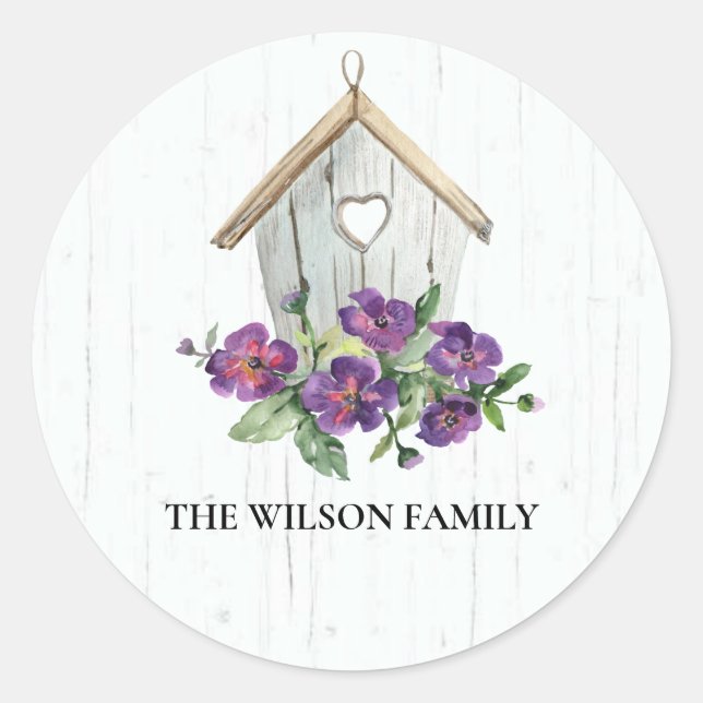 STICKER ROND BOIS RUSTIQUE BOIS VIOLET FLORAL BIRD HOUSE (Devant)