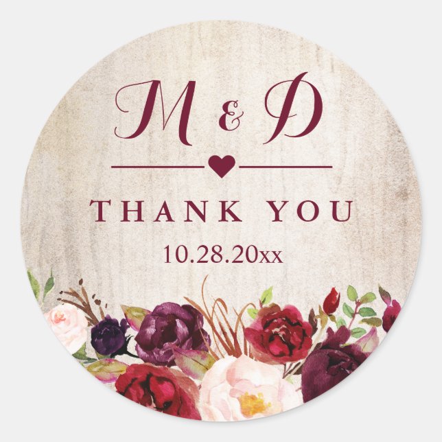 Sticker Rond Bois rustique Bourgogne Floral Monogramme Mariage  (Devant)