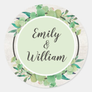Sticker Rond Bois rustique et feuille d'eucalyptus Noms botaniq