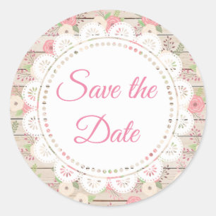 Sticker Rond Bois rustique et Fleurs Mariage Sauvez la date