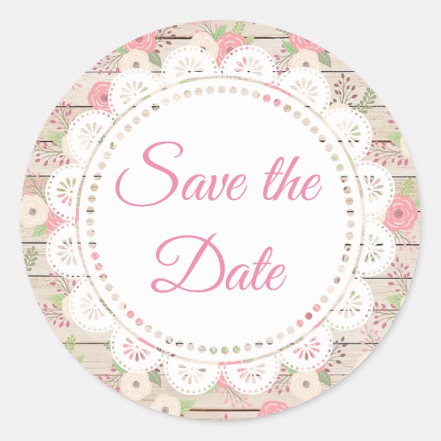 Sticker Rond Bois rustique et Fleurs Mariage Sauvez la date (Devant)
