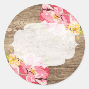 Sticker Rond Bois rustique et Hibiscus rose peint Pays Fleur