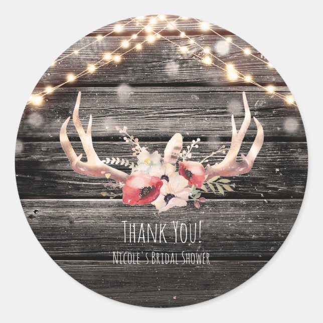 Sticker Rond Bois rustique et lumières Floral Antlers Glam Boho (Devant)